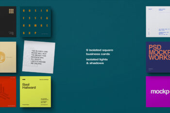 Business card mockup with scattered 5×5 square cards on teal flat-lay background, one tilted card centered branding, stationery, identity.