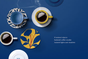 Top-down coffee cup and saucer mockup with editable shadows, optional steam and design-ready artwork zones for ceramic and product presentation.