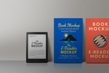Front-facing mockup featuring an e-reader and two hardcover books on a neutral background—ideal for presenting KDP book covers and digital reading layouts.