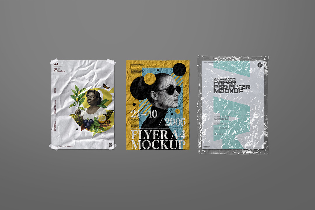A flat-lay view showing three distinct A4 flyer mockups on a gray background: one crumpled paper with a design of a person and leaves, one crumpled paper with bold yellow and black text, and one paper inside crinkled plastic wrap, with visible tape pieces.