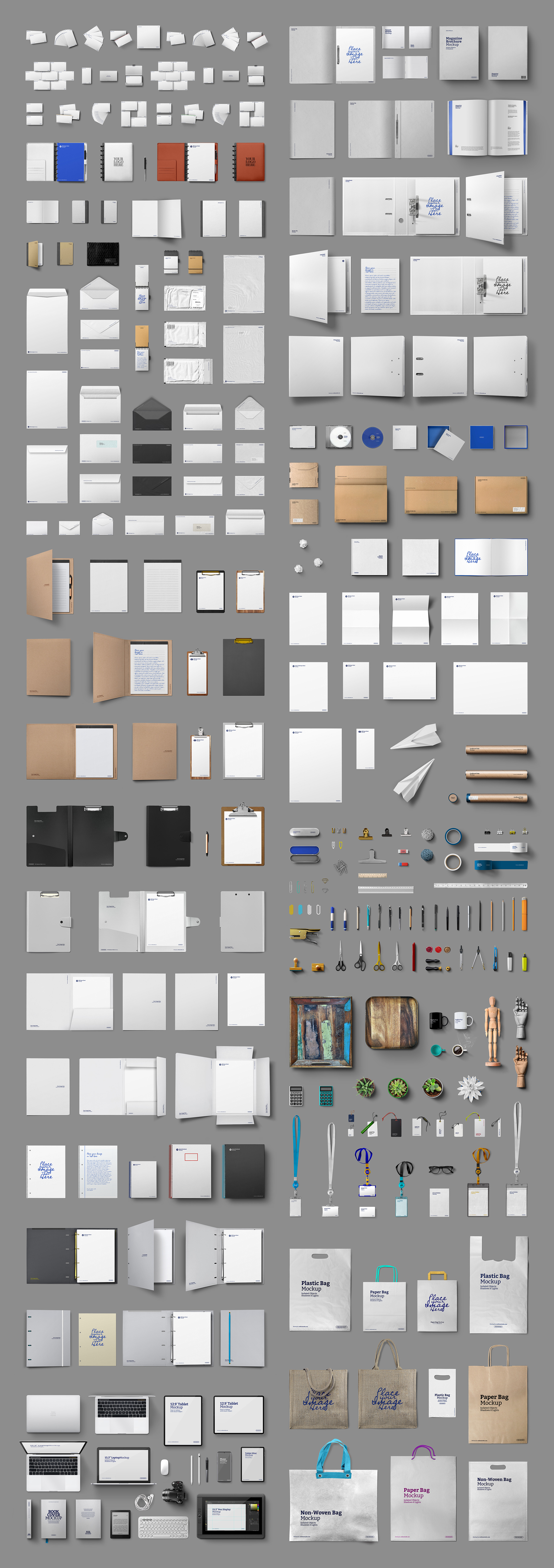 Hero cover for the Branding Mockup Scene Creator flat-lay PSD kit: top-view branding objects on a neutral gray backdrop with realistic soft shadows; stationery and device screens.