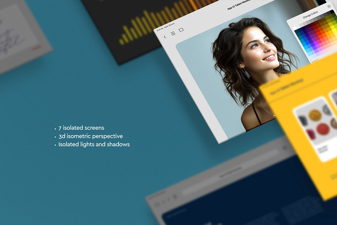 Close-up isometric iPad screen showing a photo-editing UI, surrounded by blurred app screens.