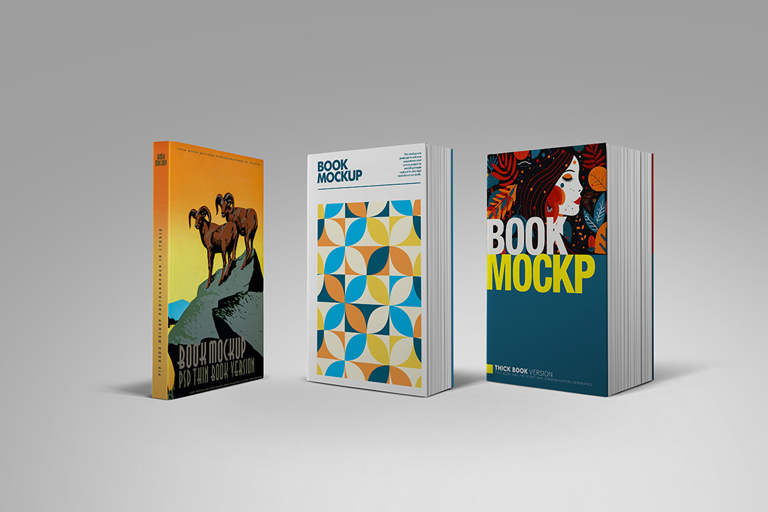 Three standing paperback books—thin, medium and thick—on a light grey background showing editable front covers and realistic spine widths.