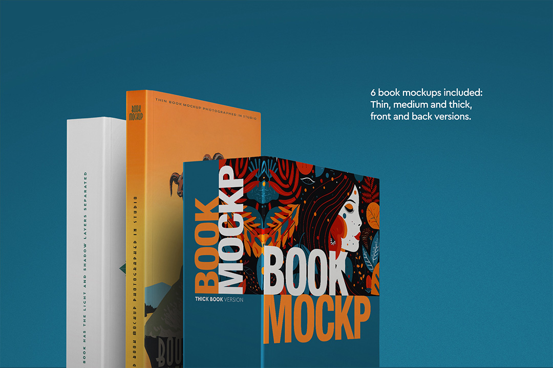 Angled stack of four paperback books in varying thicknesses on a teal backdrop highlighting front and back cover options with isolated layers call-out.