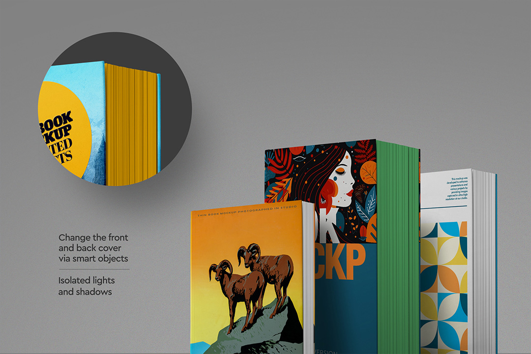 Close-up of paperback spines with colour-edged pages and Smart-Object detail, accompanied by thin and thick book covers on a neutral grey background.