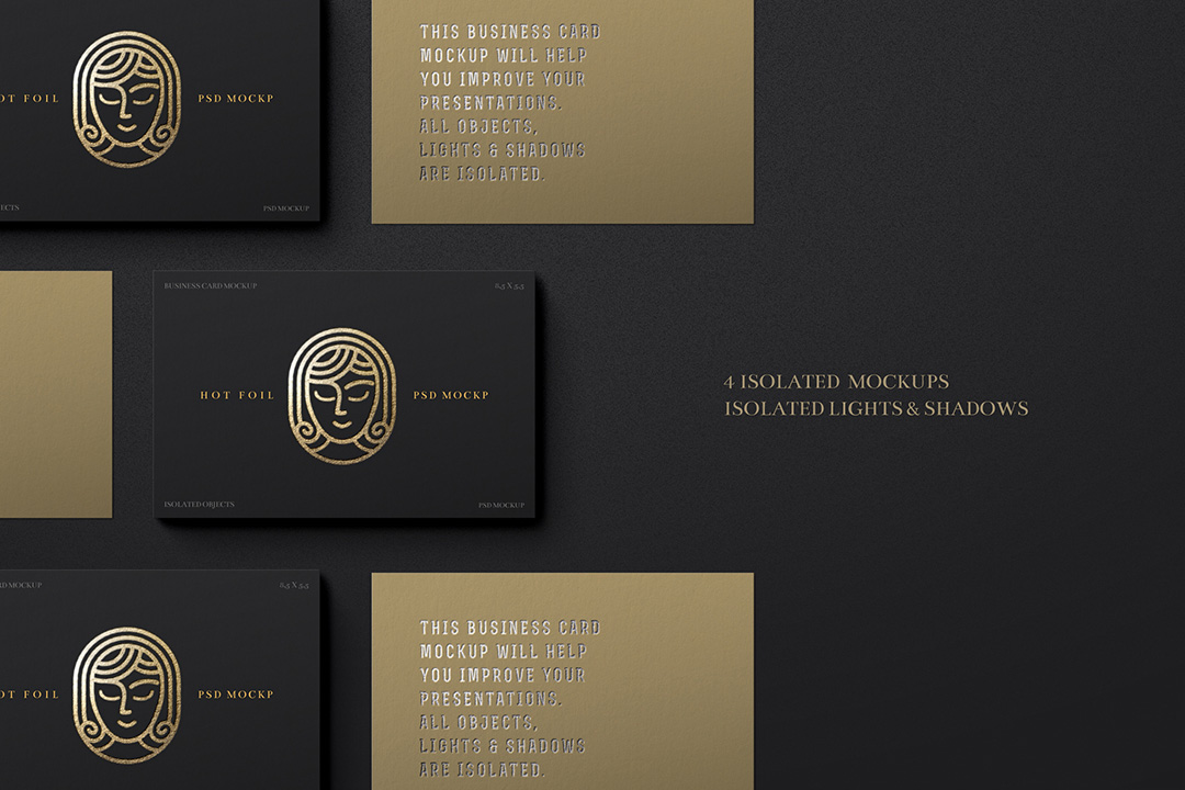Repeating pattern of horizontal cards with gold foil on a deep-black backdrop, highlighting isolated mockups and editable shadows.