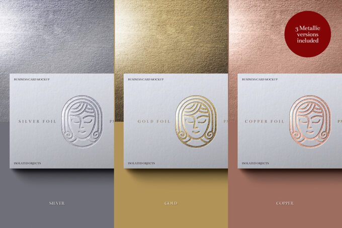 Side-by-side comparison of silver, gold and copper foil variants on a textured paper surface, labelled “3 Metallic versions included”.