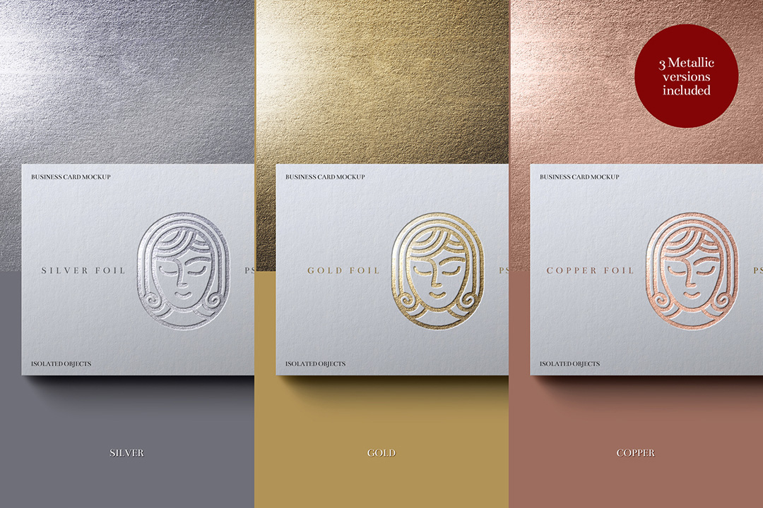 Side-by-side comparison of silver, gold and copper foil variants on a textured paper surface, labelled “3 Metallic versions included”.