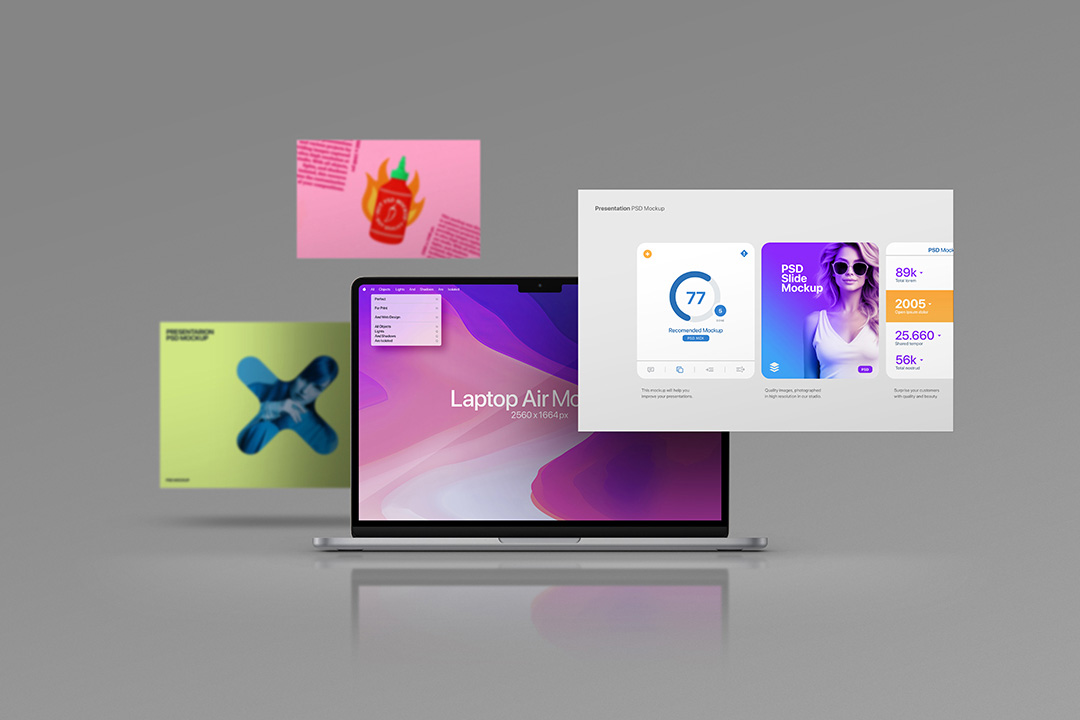 Front-view MacBook Air with three floating UI screens on a grey background, showing editable display content and soft shadows.