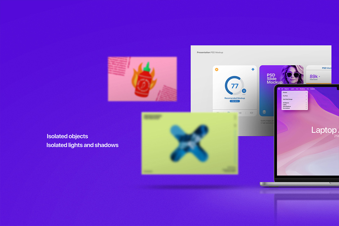 Floating composition of three UI screens and partial MacBook Air on a purple backdrop, highlighting isolated layers and shadows.