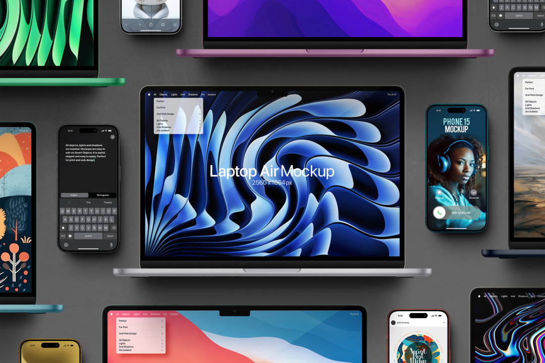 MacBook Air laptop centred among multiple iPhone 15 devices, each showing different app screens on a dark neutral background.