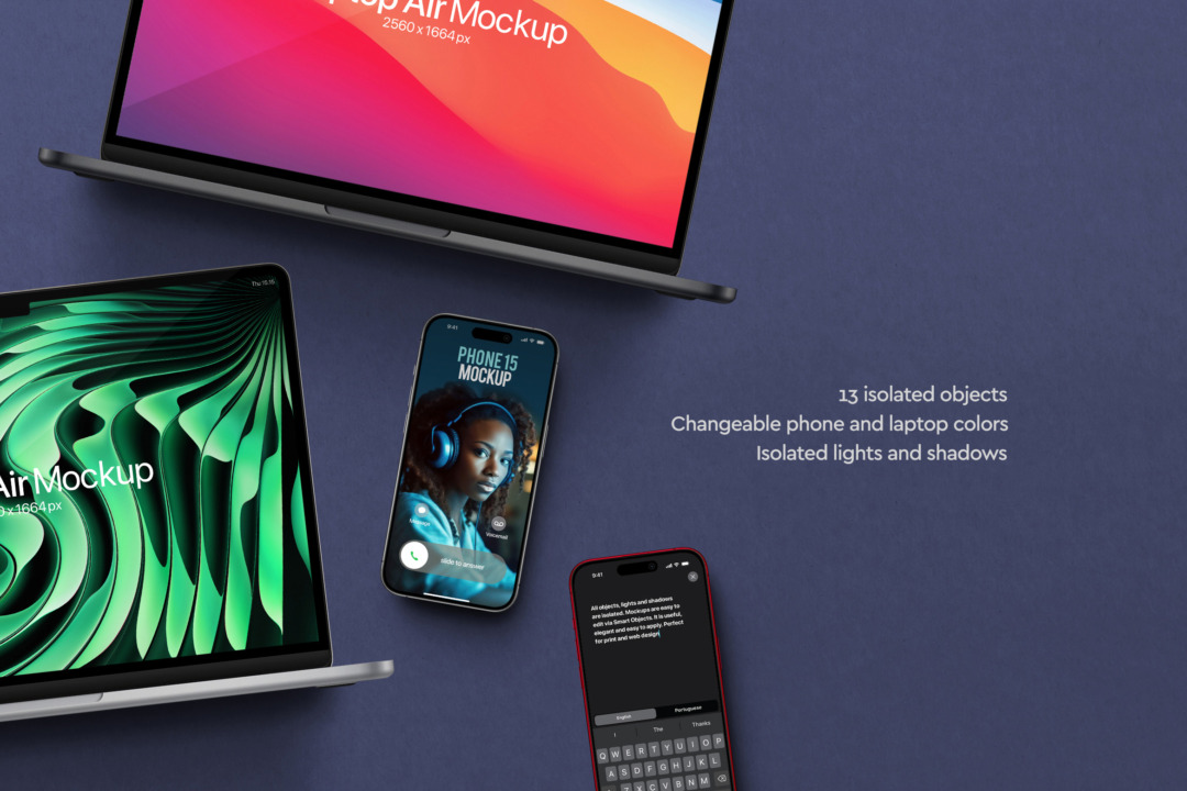 Angled composition of a MacBook Air and two iPhone 15 handsets on a purple surface, with text highlighting 13 isolated objects and editable colours.