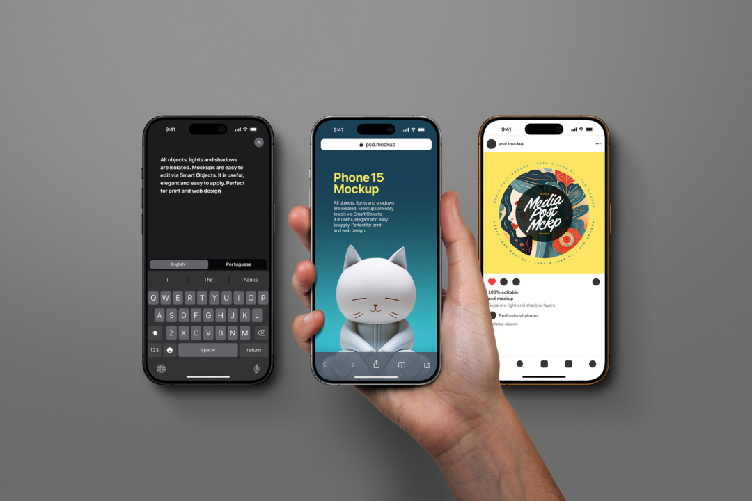 Three iPhone 15 devices on a grey backdrop: center phone held in a hand, side phones upright, each displaying different UI designs.