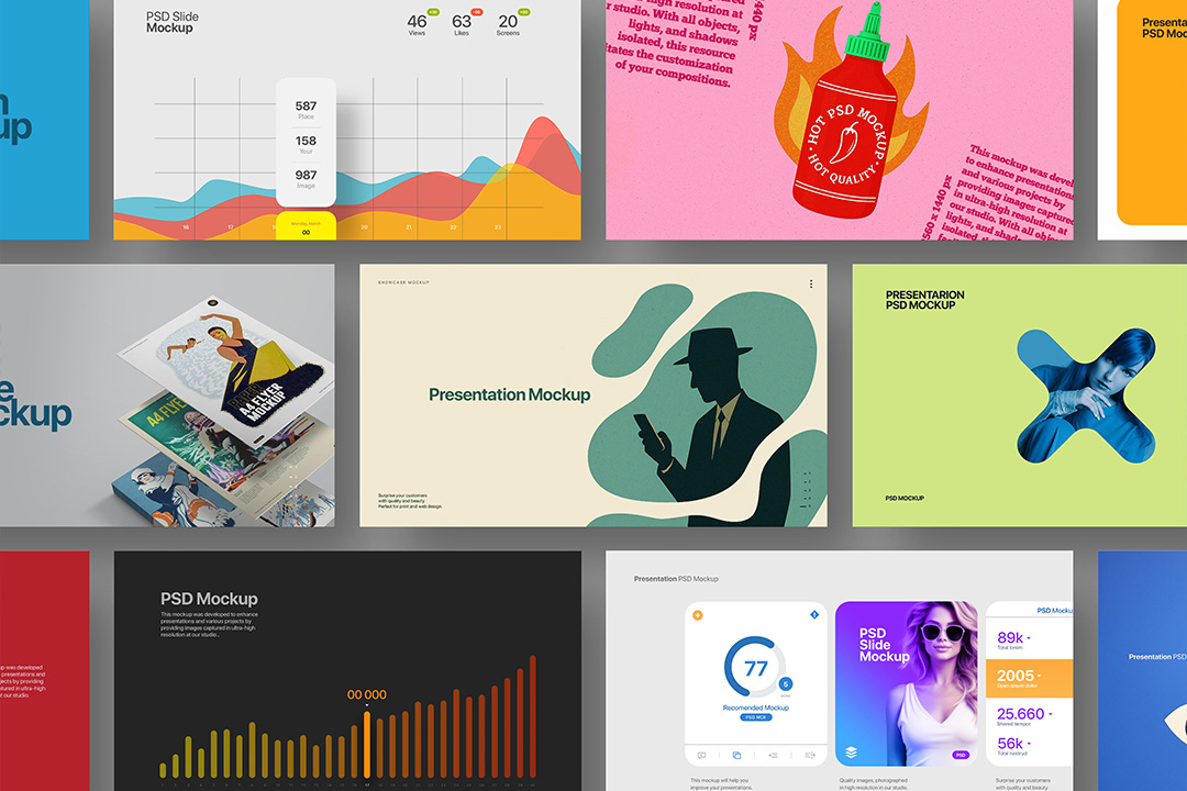 Overhead flat-lay mosaic of eleven colourful 16 × 9 presentation slides on a light-grey background, showing editable artwork areas.