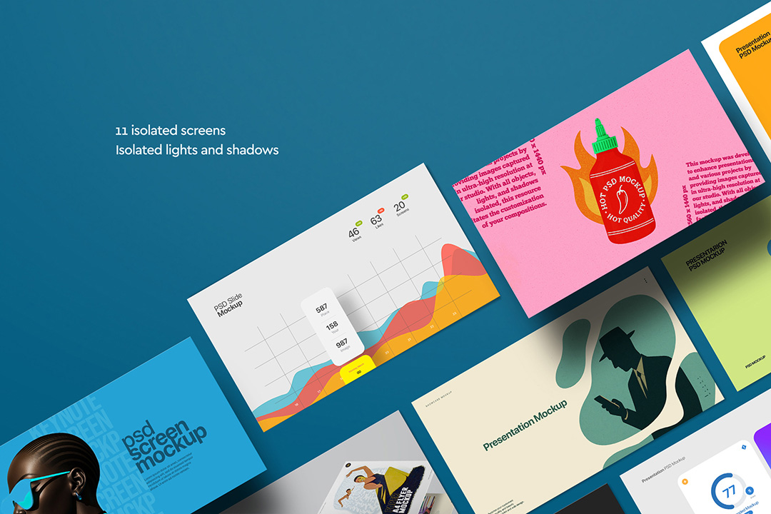 Angled composition of presentation slides on a teal backdrop highlighting isolated layers, lights and shadows with front-view depth.