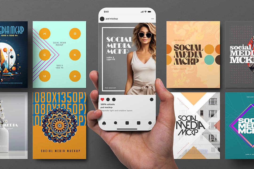 Front-view hand holding a smartphone displaying an Instagram-style 1080 × 1350 px post, surrounded by eight portrait posts on a grey background.