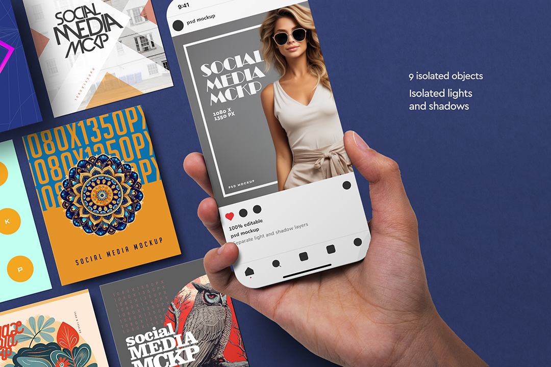 Angled composition of a hand-held phone over a blue backdrop with scattered portrait posts, highlighting nine isolated objects and editable shadows.