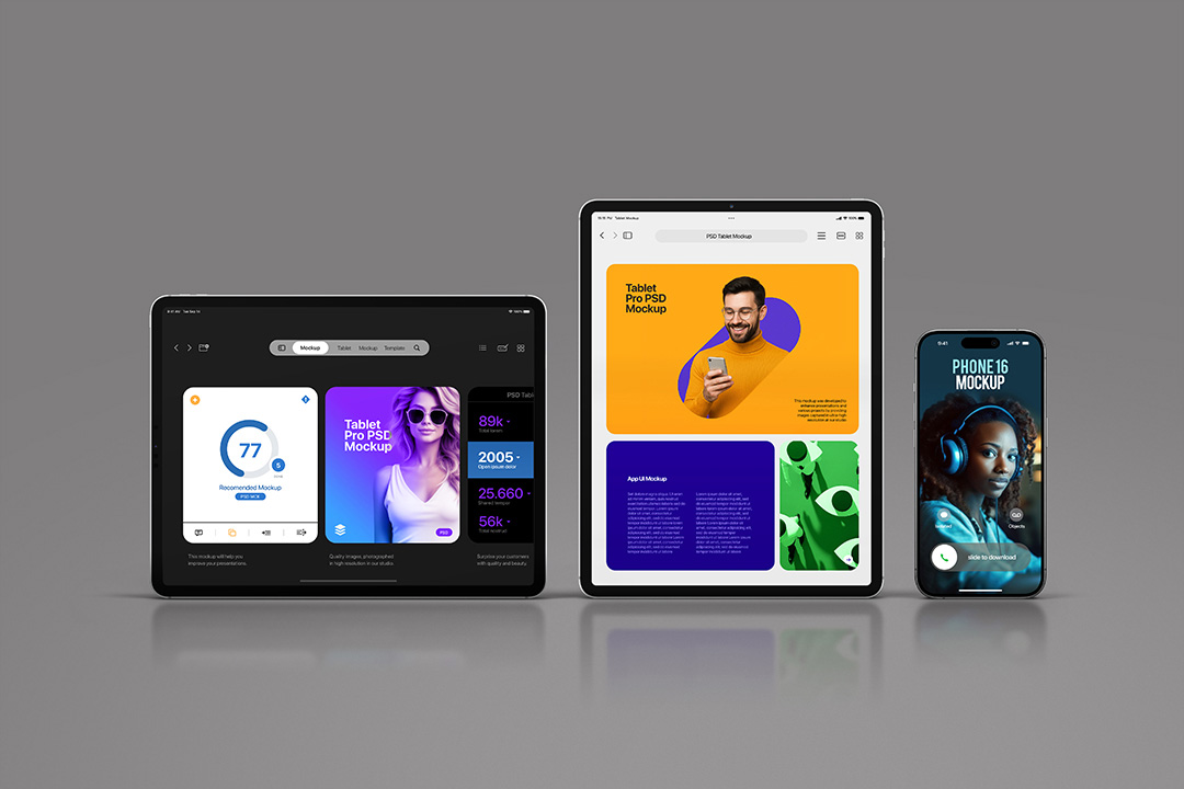 Front-view layout of landscape iPad Pro, portrait iPad Pro and iPhone Pro on a grey backdrop, each showing editable UI artwork.