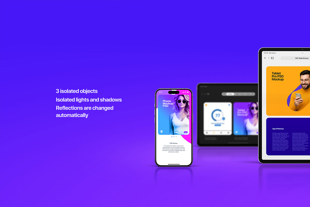 iPhone Pro in sharp focus with blurred iPad Pro tablets behind on a violet gradient background, highlighting isolated objects and reflections.