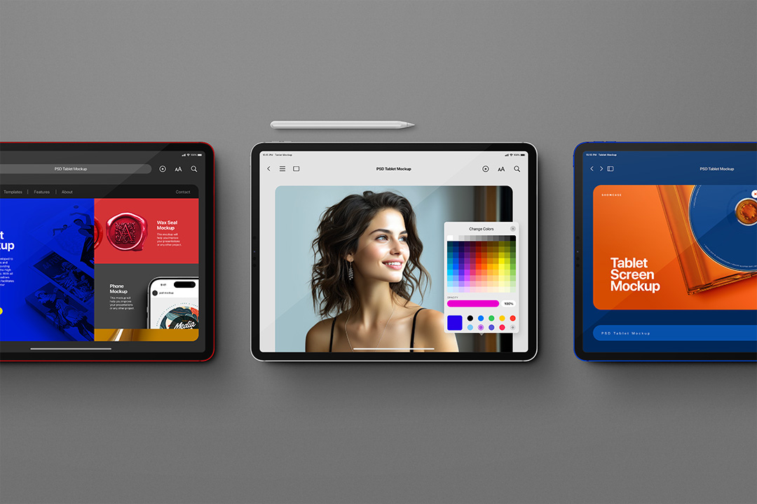 Top view set of three iPad Pro tablets with Apple Pencil on a grey background, each showing different UI screens.