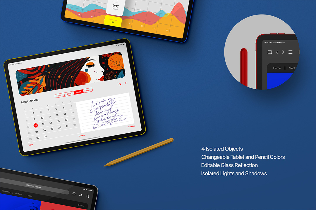Overhead composition of iPad Pro tablets and pencil on a blue backdrop highlighting isolated layers, colour options and editable shadows.