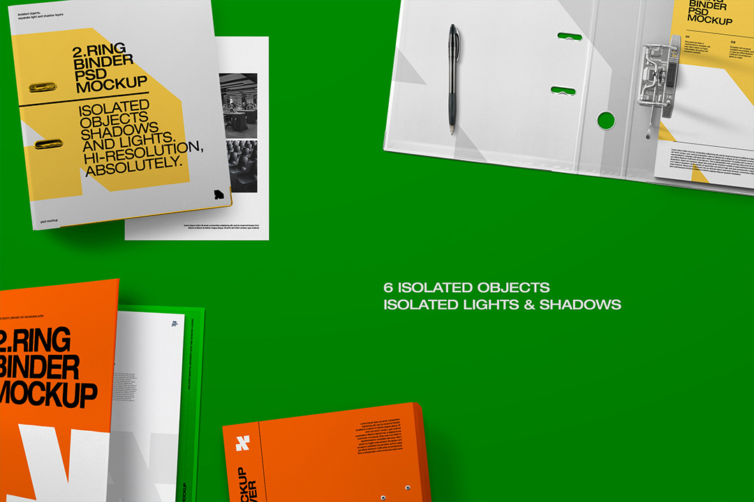 Several 2-ring binder mockups and loose sheets displayed on a green background, highlighting isolated objects.