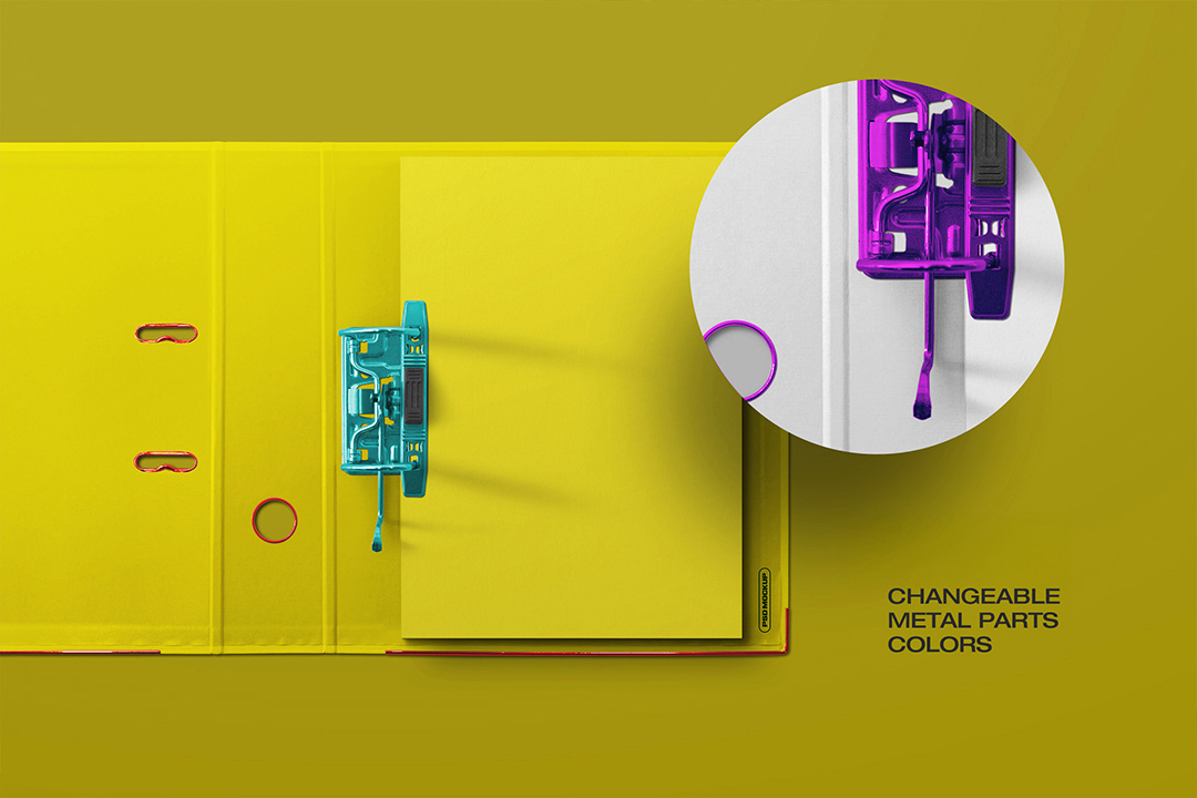 A close-up of an open 2-ring binder mockup on a yellow background, showing the changeable colors of the metal parts.