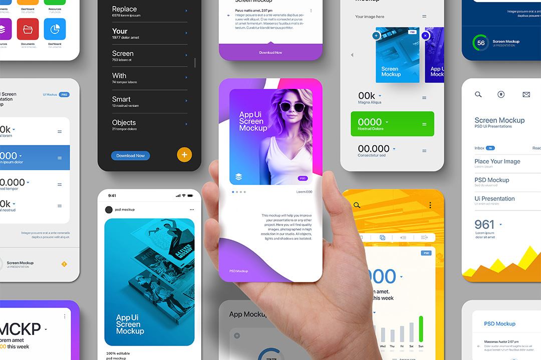 A hand holding an app UI screen mockup surrounded by various isolated screen mockups on a light grey background.