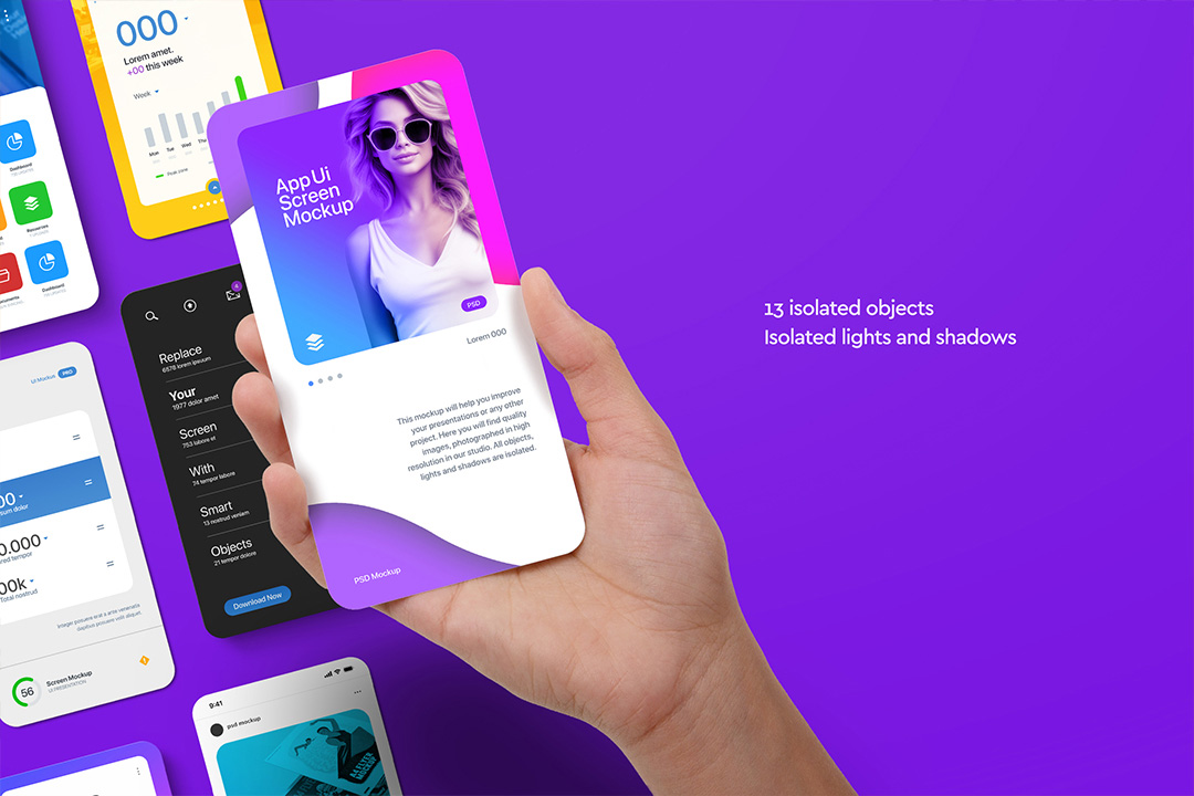 A close-up of a hand holding an app UI screen mockup, with additional isolated screens in the background on a purple surface.