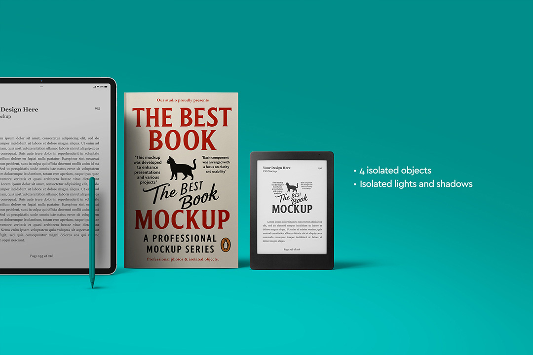 High-resolution front-facing mockup with a tablet, book, e-reader and Apple Pencil on a teal background, featuring isolated objects and editable shadows.