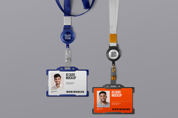 Two isolated ID card and badge holder mockups, one blue and one orange, with lanyards and retractable reels, displayed on a grey background.