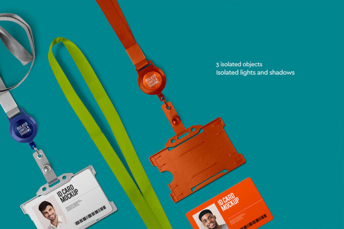 A set of isolated ID card mockups, badge holders, and lanyards in various colors (blue, green, orange) on a teal background, highlighting isolated objects, lights, and shadows.