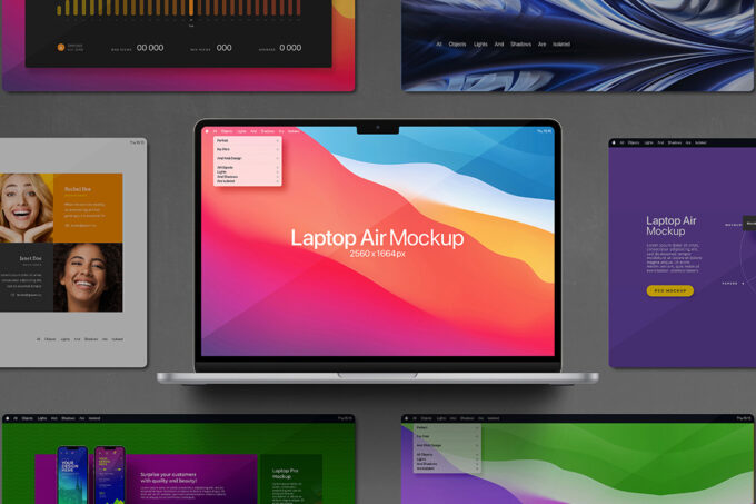 Laptop mockup – centred MacBook Air front view surrounded by six floating UI screens on dark grey background, editable via Photoshop Smart Objects.