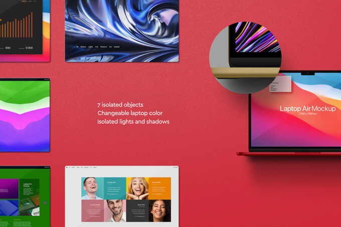 Laptop mockup – colourful MacBook Air screen mosaic on red backdrop with zoom-in detail showing changeable body colour and isolated lights and shadows.