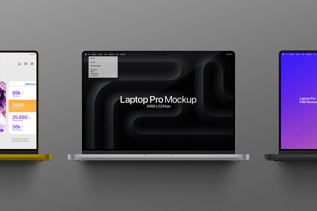 A laptop mockup with other laptop mockups on a grey background.