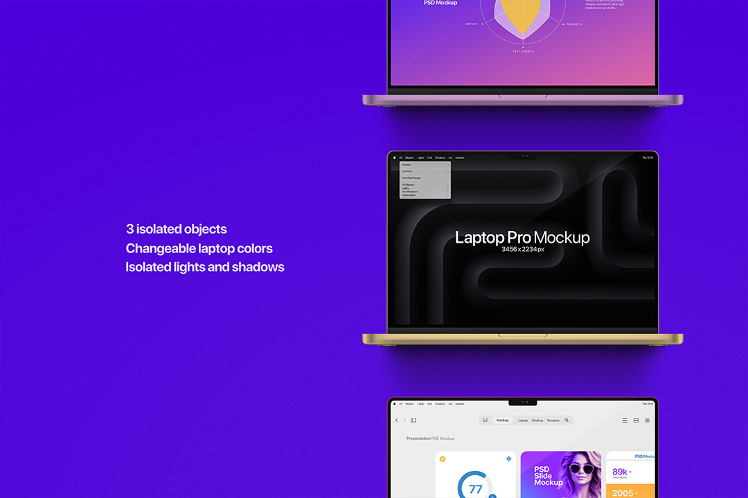 Three isolated laptop mockups in different colors on a purple background.