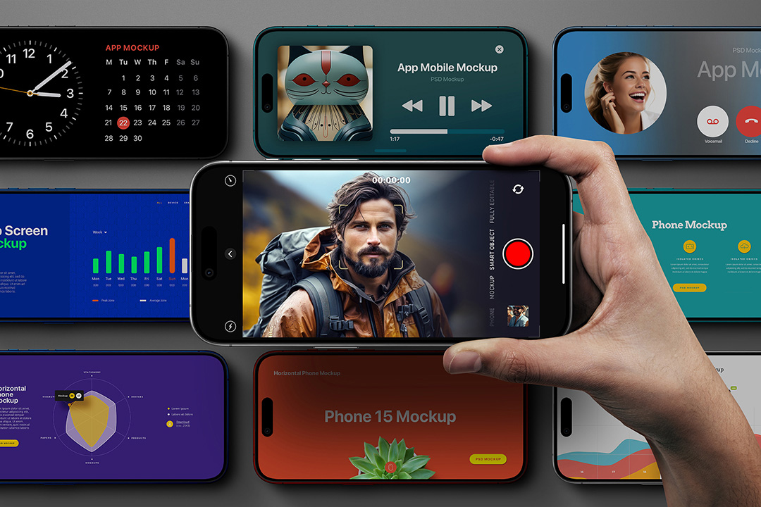 A hand holding an iPhone 15 mockup horizontally, surrounded by other phone mockups on a dark background.