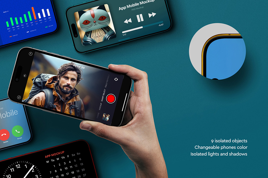 Multiple isolated iPhone 15 mockups in horizontal orientation, with one held by a hand and a close-up detail of the phone.