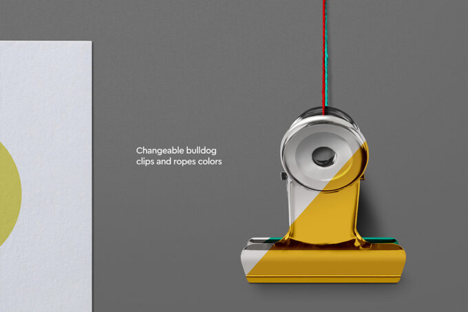 Detailed close-up of a bulldog clip and rope from a hanging poster mockup, demonstrating changeable bulldog clips and ropes colors.