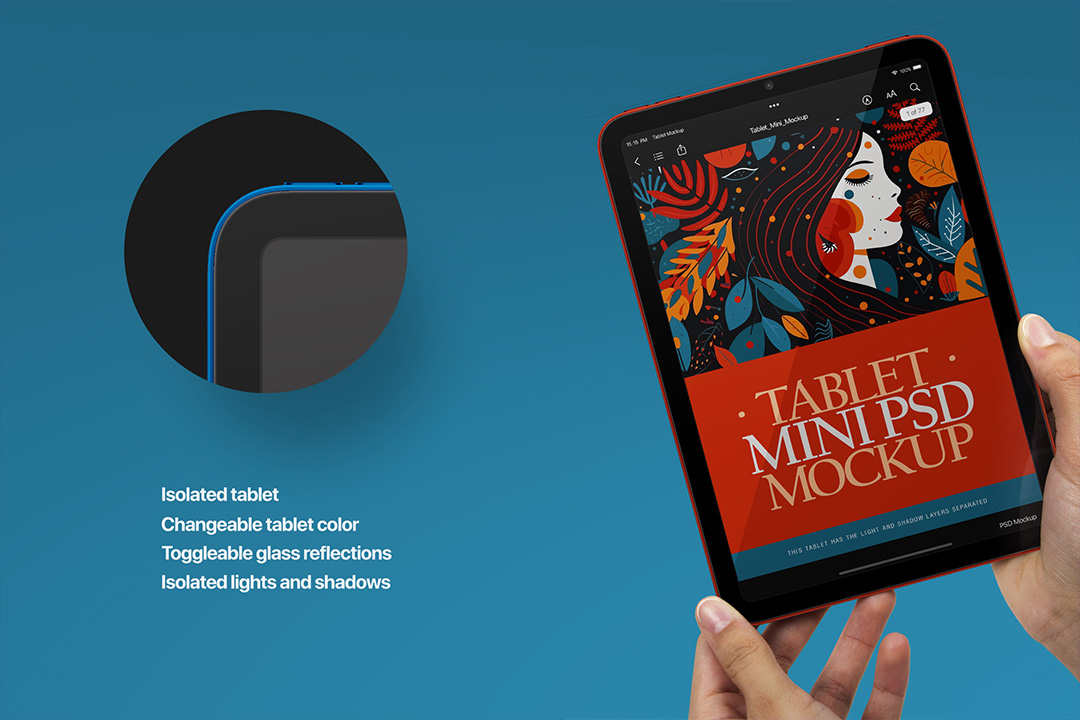 A close-up of hands holding an iPad Mini mockup in portrait orientation with a red-colored tablet frame, highlighting design details and features.