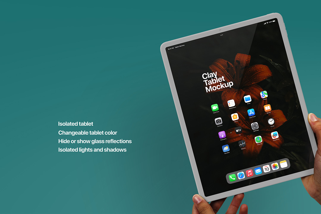Angled clay iPad Pro tablet PSD mockup held by two hands over a teal backdrop, highlighting changeable body color, optional glass reflections and isolated lights and shadows.
