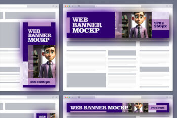 Browser windows showing vertical and leaderboard banner ads in purple theme, including 300 × 600 px and 970 × 250 px examples.