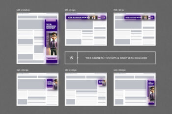Grid overview of fifteen browser mockups on a dark background, each labelled with its IAB banner dimension.