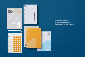 Top-down envelope mockup scene with postal mailers, editable shipping labels, C4 envelopes, A4 paper sheets and customizable pen for corporate identity presentations.