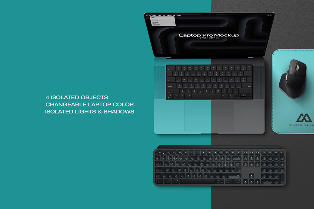 A close-up flat-lay view of a MacBook Pro, a teal mouse pad, a keyboard, and a mouse on a teal and dark grey background, highlighting changeable colors and isolated elements.