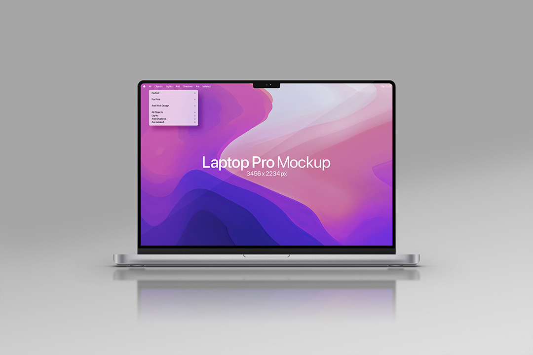 A front-on view of an isolated silver MacBook Pro mockup displaying a vibrant desktop background.