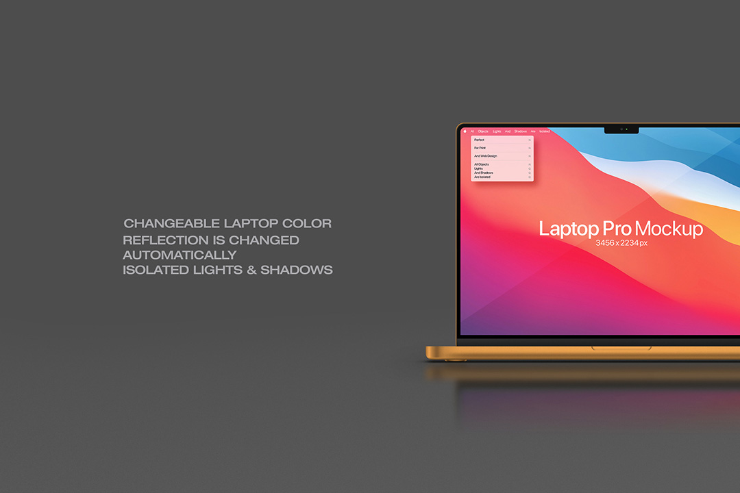 A slightly angled view of an isolated golden MacBook Pro mockup, demonstrating changeable laptop color, automatically changed reflection, and isolated lights & shadows.