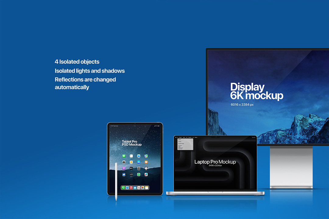 A close-up view of Apple devices in a studio setting on a blue background, highlighting the MacBook Pro, Pro Display XDR, iPad Pro, and Apple Pencil with isolated objects, lights, and shadows.