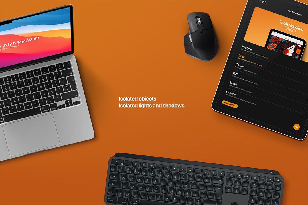 A close-up flat-lay view of a MacBook Air, an iPad Pro, a keyboard, and a mouse on an orange background, highlighting isolated objects.