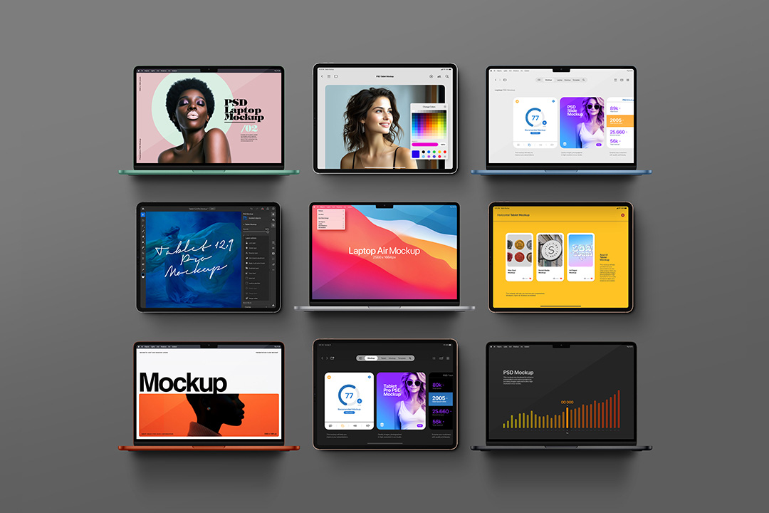 A grid of 9 isolated laptop and tablet mockups on a grey background.